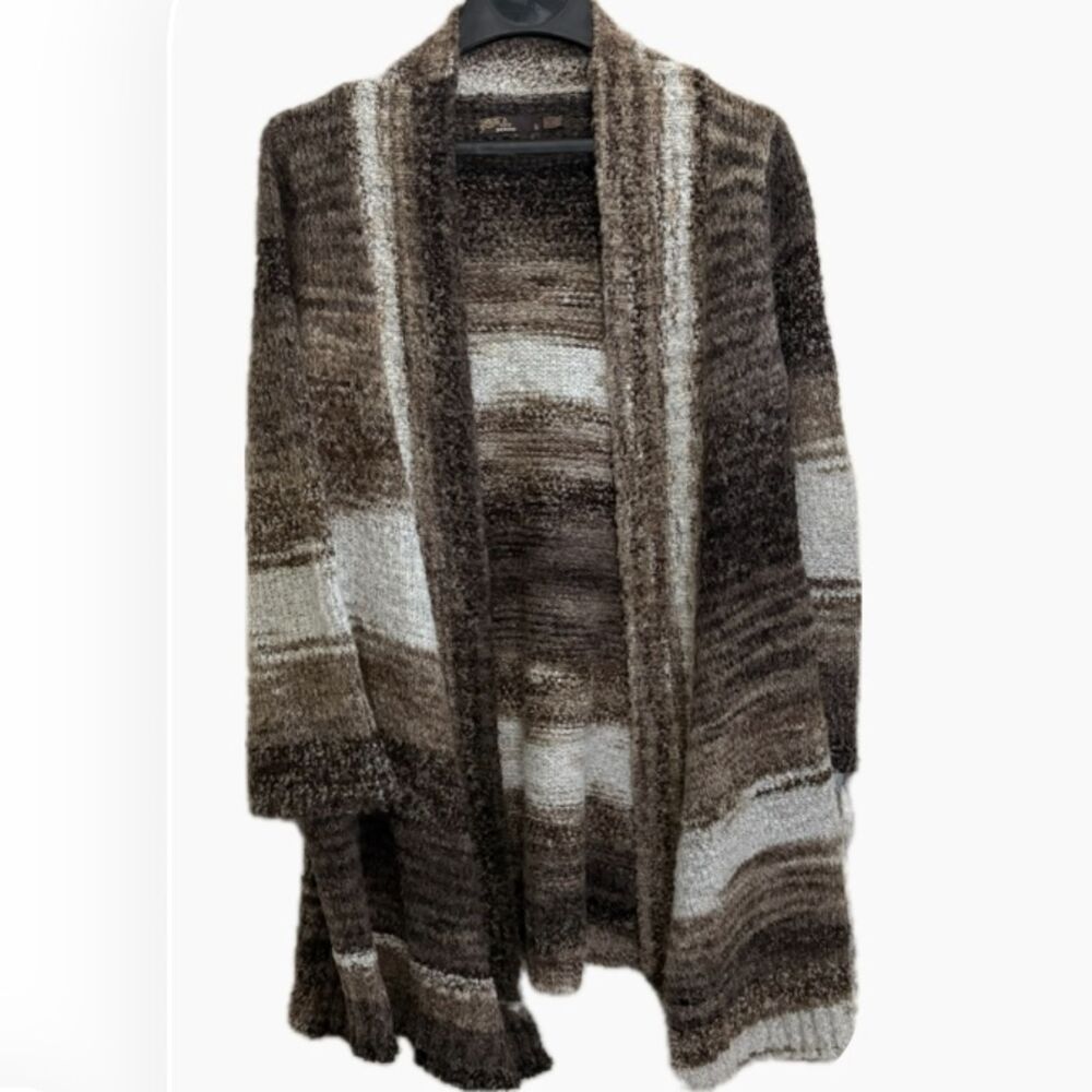 prAna Brown Striped Fuzzy Boucle Open Front Cardigan Sweater Duster Size Small